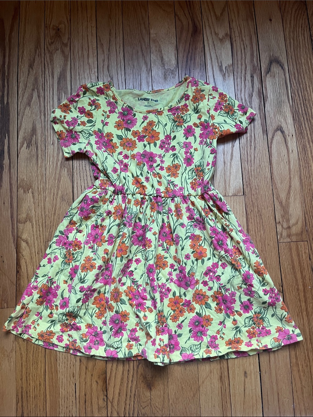 Lands' End Yellow Floral Dress with Pink & Orange Blooms